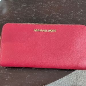 Michael Kors Pink Saffiano Zip Around Wallet with Gold Logo